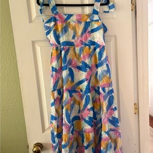 Blu Pepper Midi Dress in Blue, Pink & Yellow Brushstroke Print